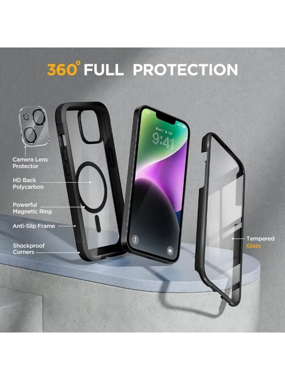Full-Body Magnetic Clear Case for iPhone 14 Plus with Tempered Glass Protector